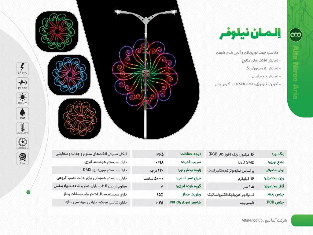 قیمت و خرید محصول المان نوری نیلوفر، شرکت آلفا نیروی آریا - بهترین المان نورپردازی شهری