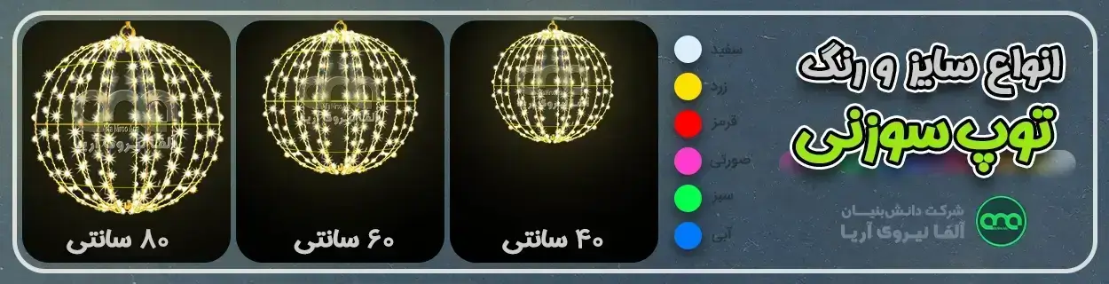 بنر خرید و قیمت المان گوی یا توپ ریسه سوزنی در سایز ها و قطرهای 40 و 60 و 80 سانتی با رنگهای زرد آفتابی و سفید مهتابی ، قرمز، صورتی، آبی و سبز تولیدی در شرکت آلفا نیرو